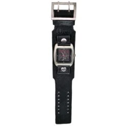 Leather Band Wrist Watch Triple Wide Silver Rings